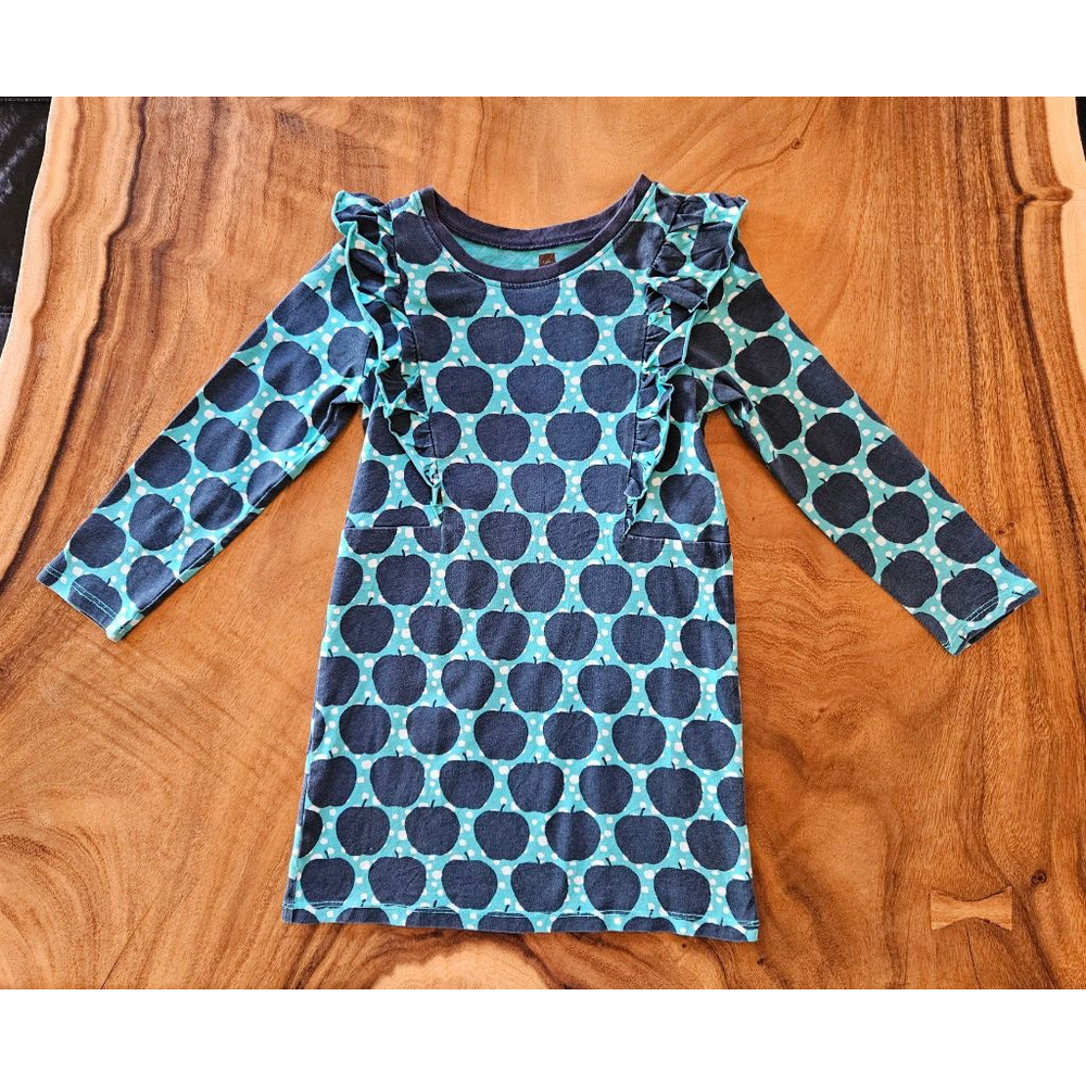 Tea Collection Youth Dress Green/Navy Apple Print With Ruffle Details Size 6